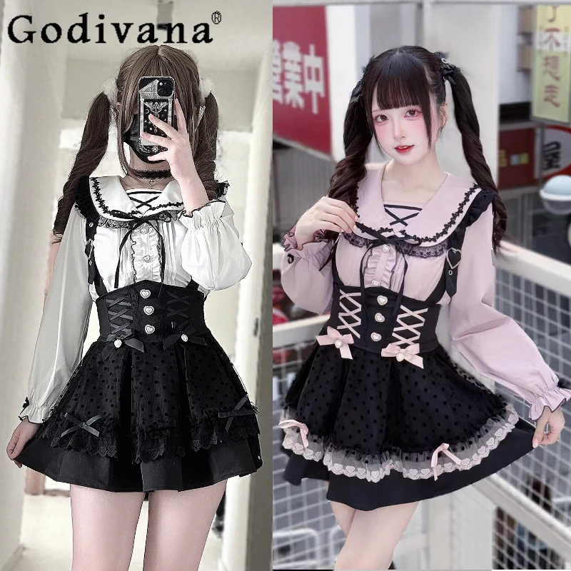 

Original Subculture Japanese Mine Mass-Produced Shirt Skirt 2-piece Set Girls Sweet Cute Lolita Shirt and Strap Skirt Outfits