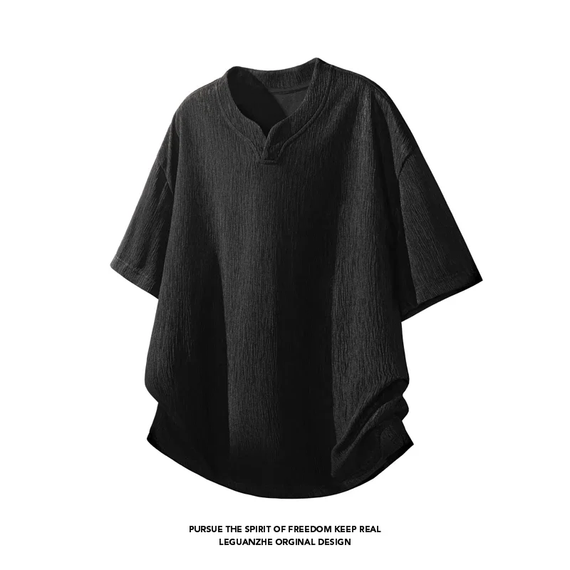 Mens Summer Loose Fit Short Sleeve Tee Notched Collar Crinkle Textured Material For Travel Shopping And Leisure Outfits