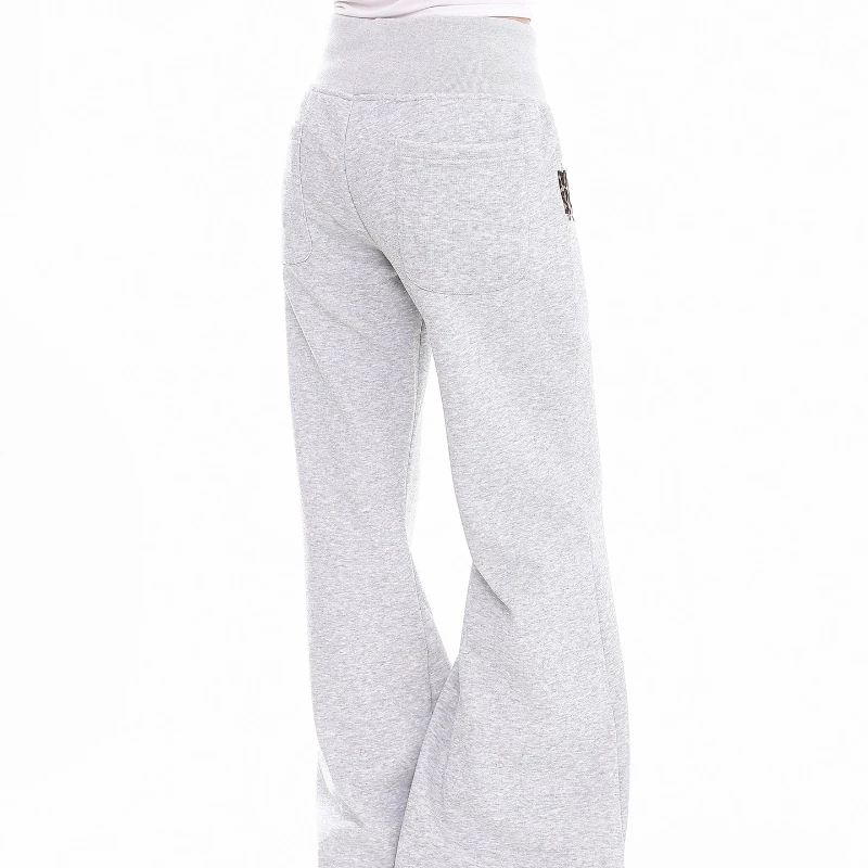 Pantalones informales acampanados con forro polar gris para mujer, diseño Vintage, estampado de leopardo, empalme, adelgazantes, hasta el suelo, para invierno