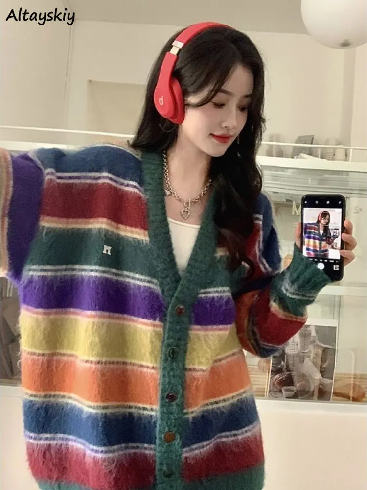 

Striped Panelled Cardigan Women Harajuku Colorful Loose Sweet Cute Elegant Casual V-neck Autumn Clothing Sweater Korean Fashion