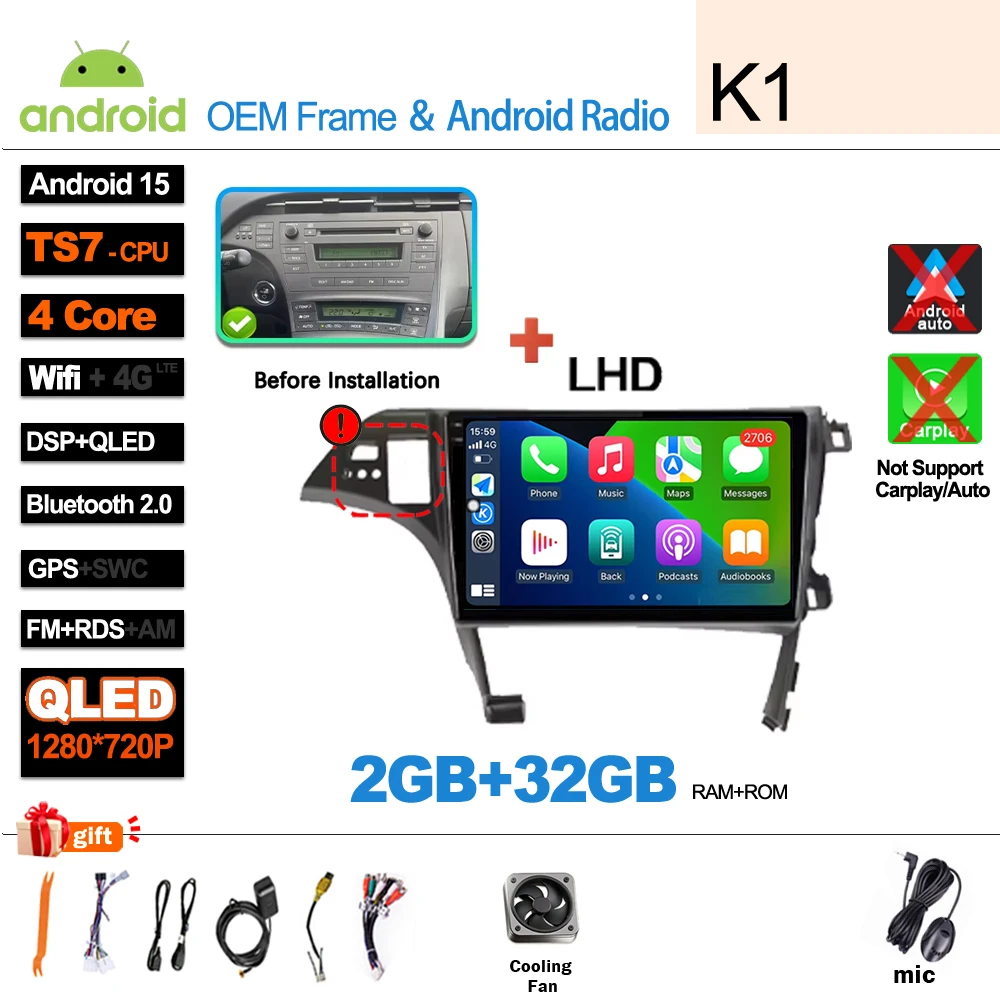 Android 16 autoradio, videomedia-speler, Carplay, GPS-navigatie voor Toyota Prius XW30 2009-2015