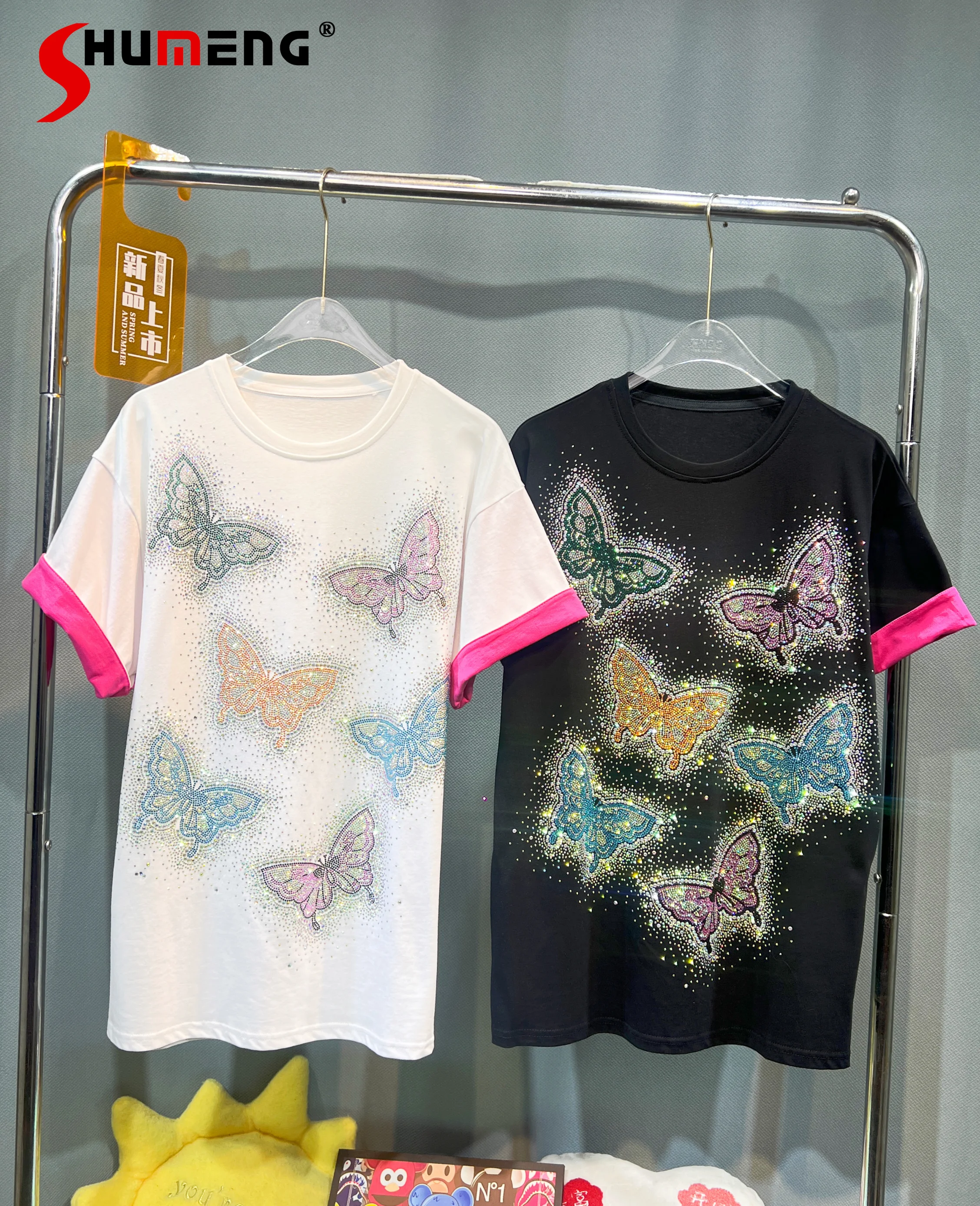 

Women's 2024 Summer New Butterfly T-shirts Loose Comfort Cotton Tops Trendy Feminine Rhinestone Short Sleeve Mid-Length T-shirts