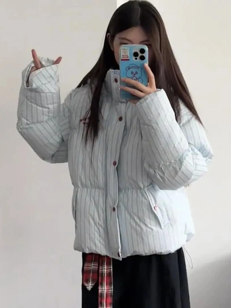 Vintage Gestreiften Brief Parkas Frauen Lose Winter Warme Hip Hop Puffy Mantel Amerikanischen Casual Stehkragen Harajuku Dicke Jacke Neue