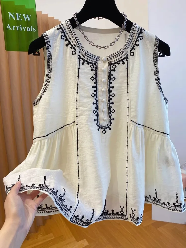 قميص نسائي أنيق بدون أكمام مطرز، بلوزة فضفاضة بتصميم عتيق، نمط صيفي جديد بشعور وطني، أسلوب مريح للتنقل #4