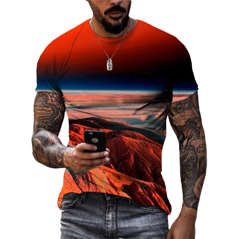 Summer Fashion New Design Martian Landscape Graphic T Shirts Men Trend Personality 3D Printed Round Neck Streetwear Tees Tops