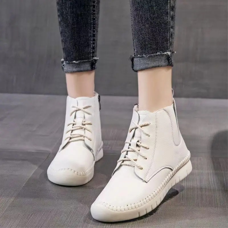 Women Autumn Winter New Real Leather Flat Sole Ankle Boot Soft Sole Round Toe High Quality Plush Keep Warm High Top Cotton Boots