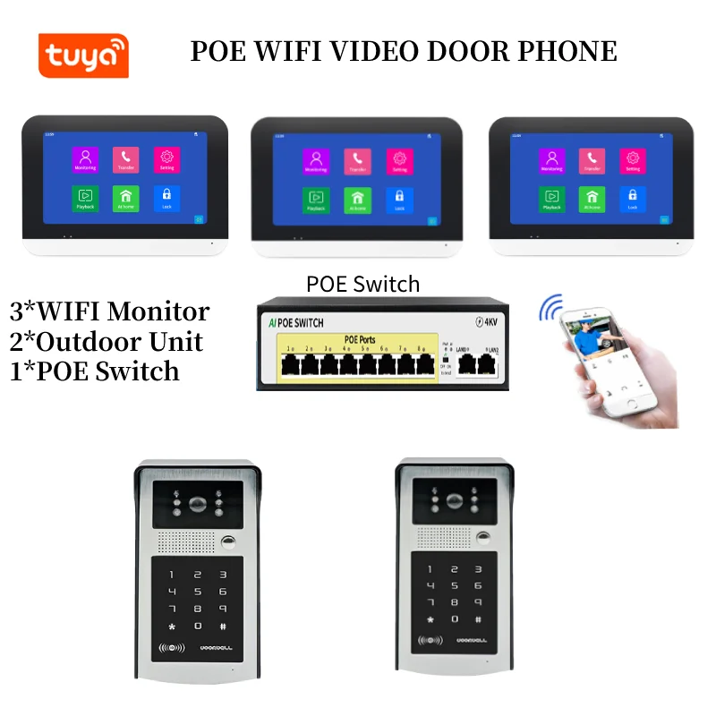 SmartYIBA POE Switch Tuya Smart WIFI Video Intercom IP Video Door Phone Password RFID Access Control System for Villa Apartment