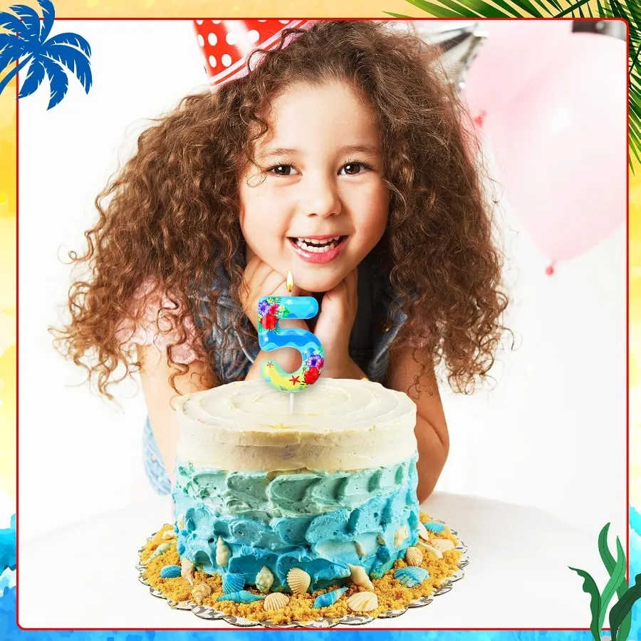 하와이 테마 생일 숫자 양초 소녀들을 위한 바다 생일 파티 양초 열대 케이크 토퍼 오션 테마 장식 블루 루아우