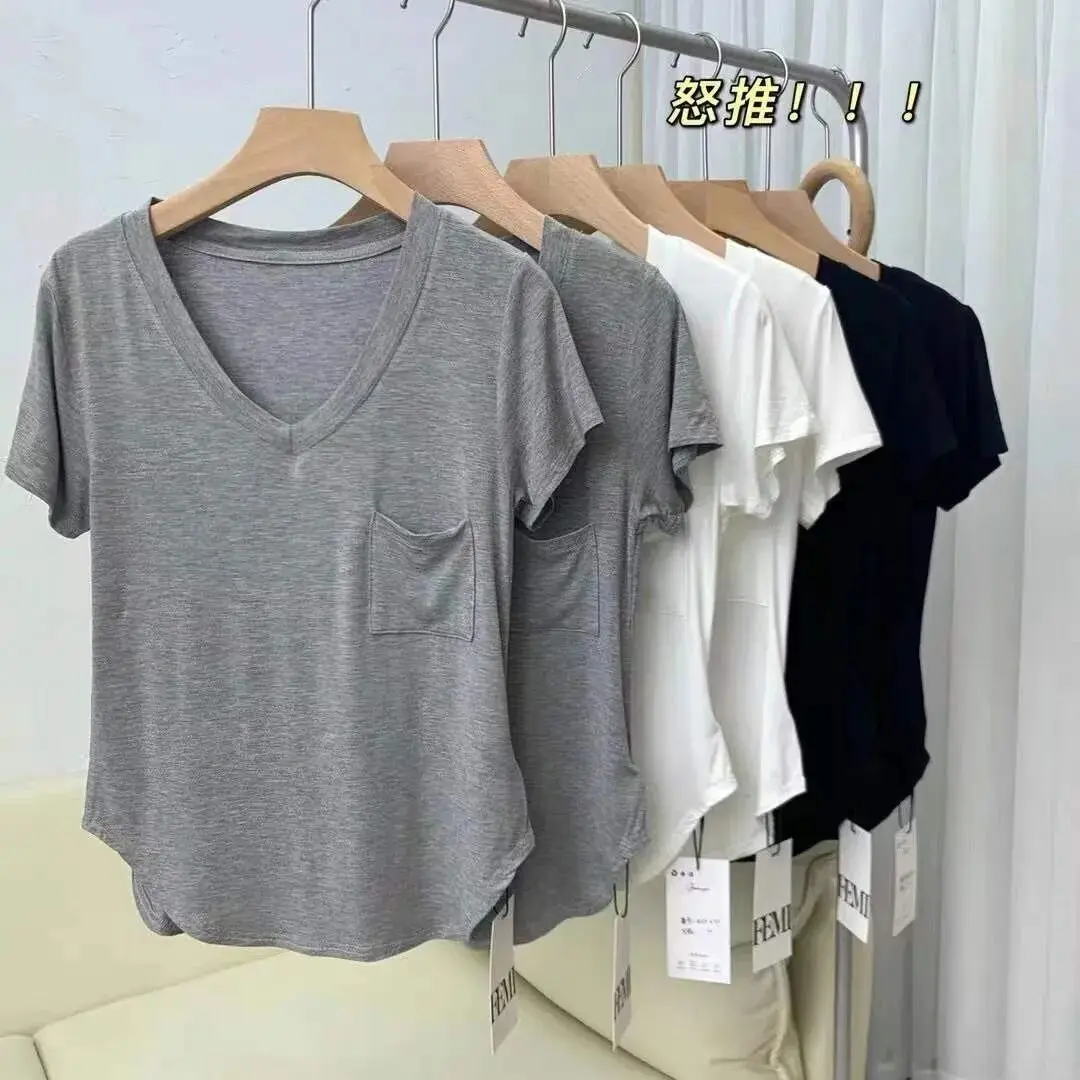 SYsYouthfully Modal Cotton V Neck T Shirts Women Top Summer Tshirts Drape Style Basic Solid Basic Half Sleeve Thin Tee Shirt
