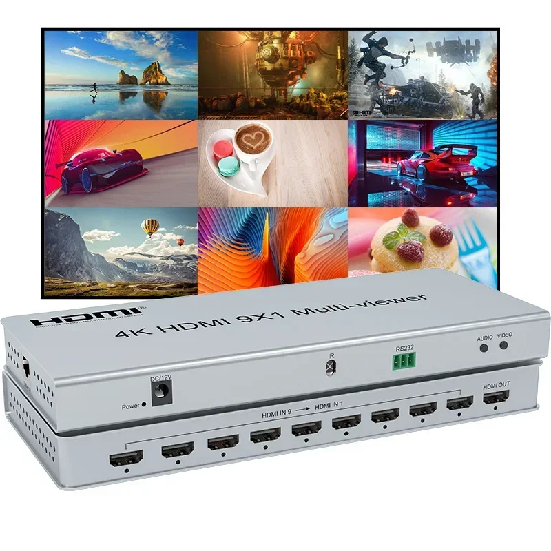 4K 9x1 HDMI Multiviewer 9 in 1 Out Seamless Switch 9x1 HDMI Quad Multi Viewer Screen Multiplexer Divider with 10 Display Modes