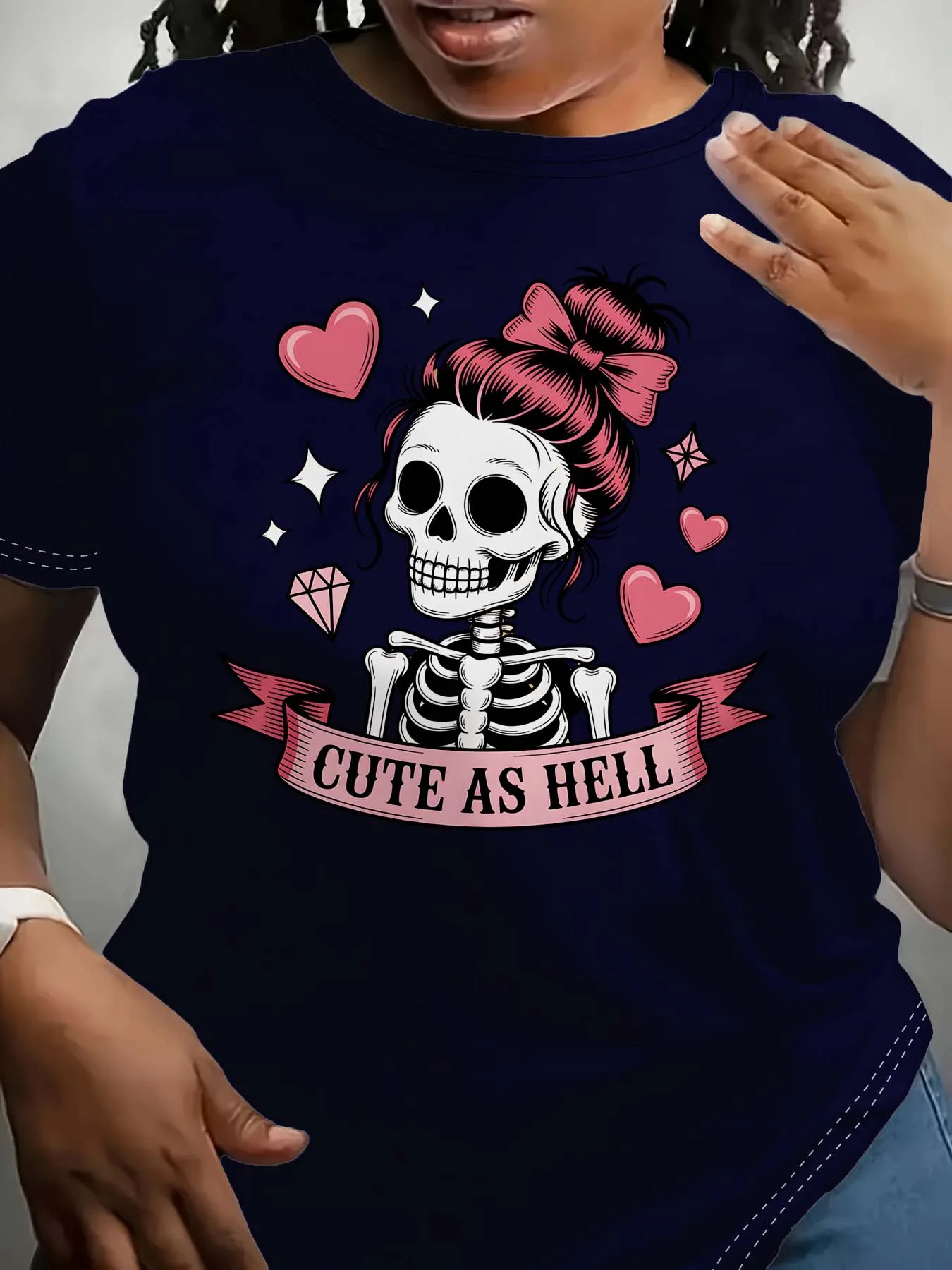 

Plus Size Trendy Skull Character With Diamonds And Ribbon Stylish Statement Apparel