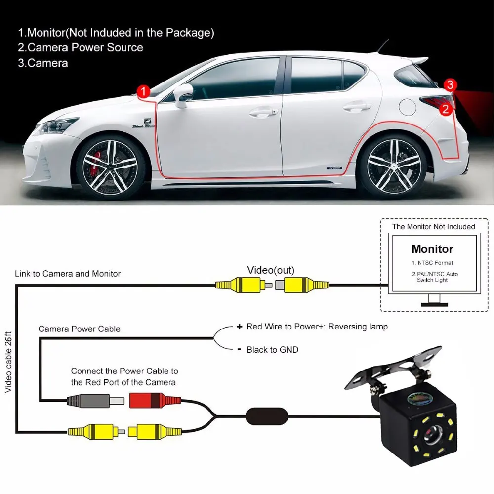 Cámara de visión trasera para coche, visión nocturna, marcha atrás, cámara de estacionamiento automático, IP68, impermeable, CCD, LED, Monitor de