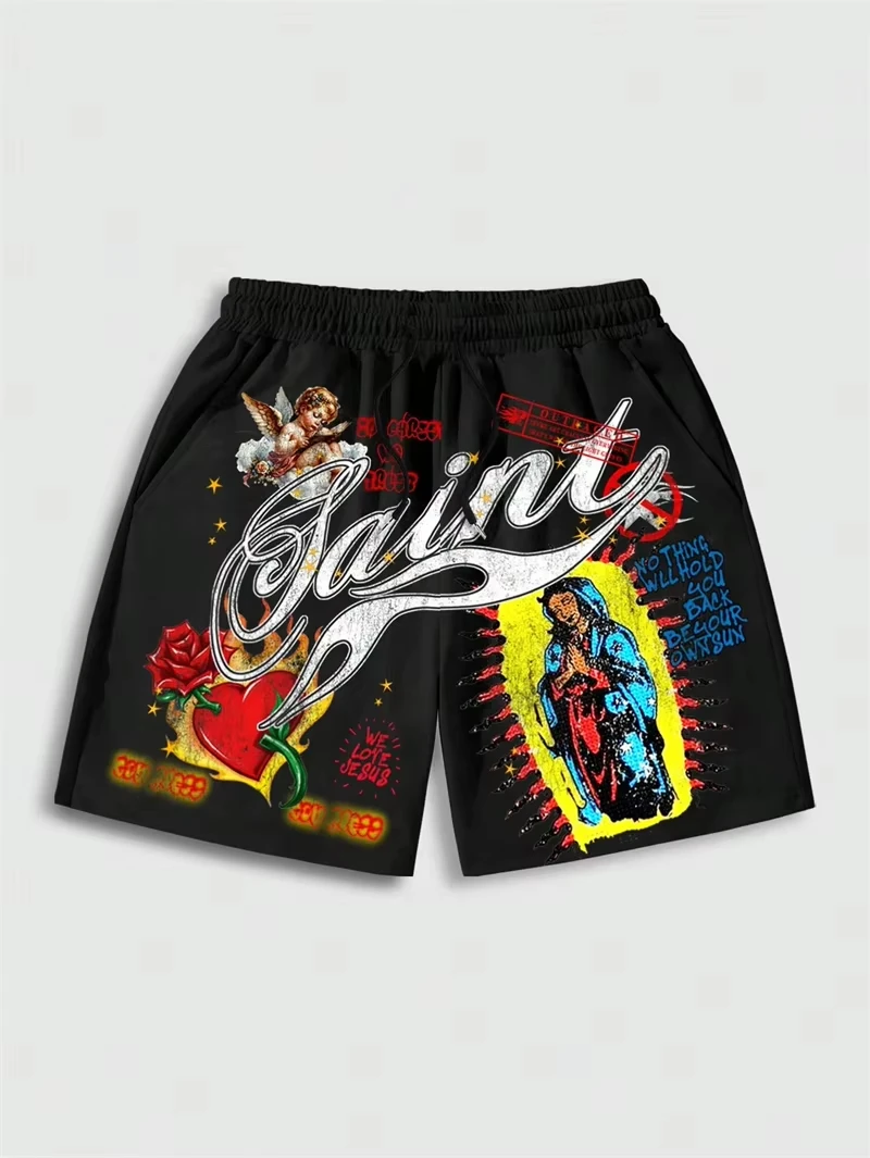 

2026 New _Saint_ Religious Graphic 3D Print Hot Pink Drawstring Oversized Casual Shorts Men Streetwe