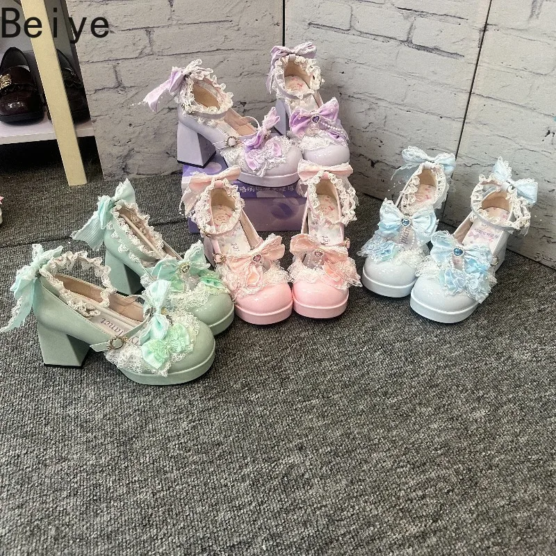Bow Lace Ruffle Heart Gem Ankle Strap Shoes Women Sweet Lolita Block Heel Shoes Pearl Kawaii Jirai Kei Platform Pumps Female