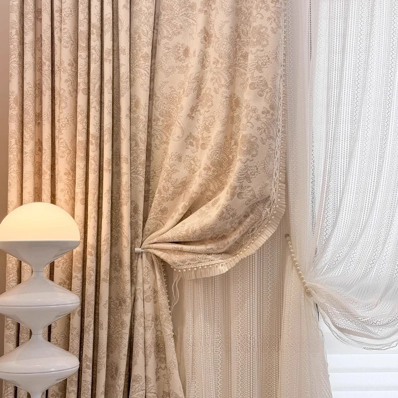 Custom Size Modern Light Luxury French Blackout Cream Snow Neil Yarn Dyed Jacquard Curtains for Living Dining Room Bedroom Decor