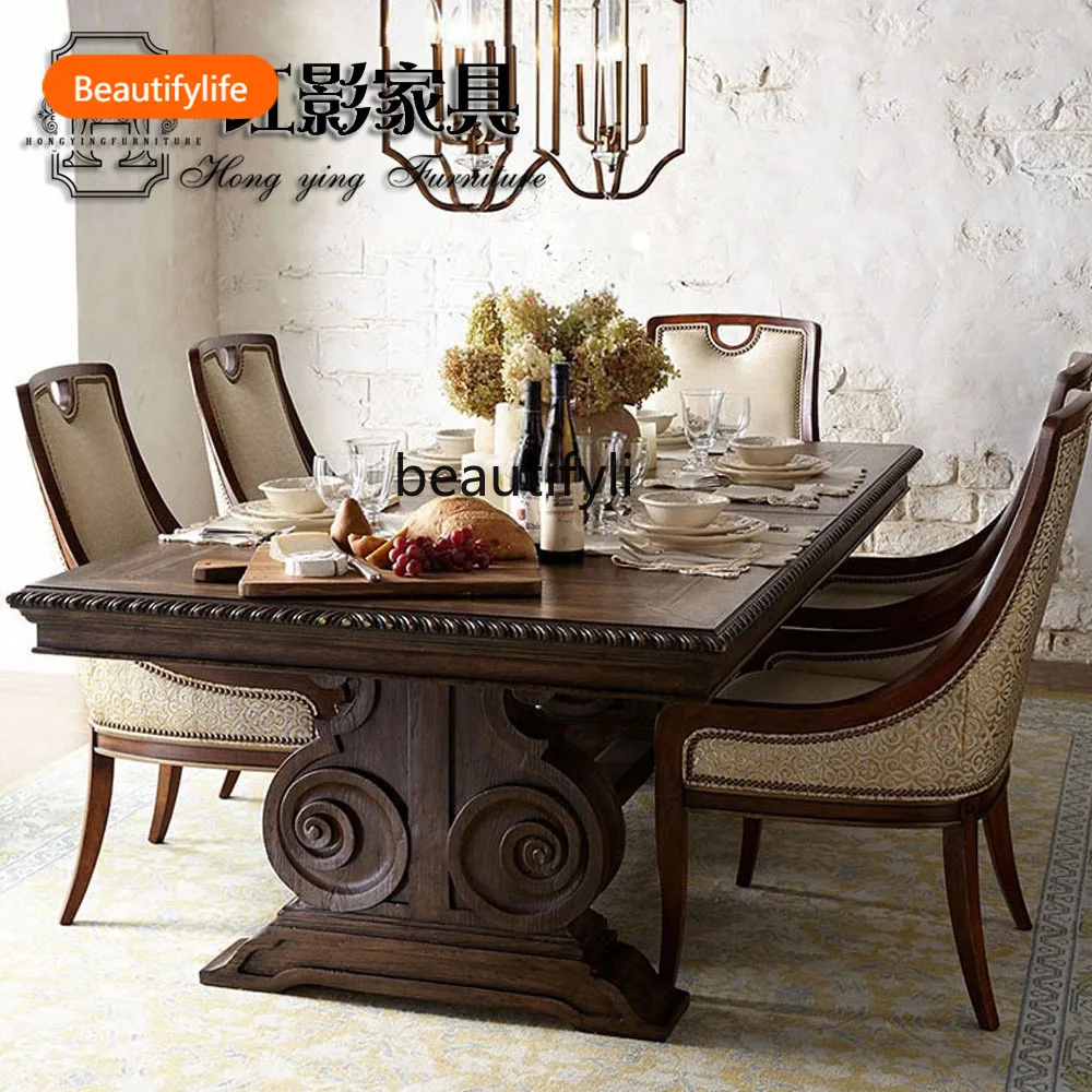 A55 American solid wood carving flower dining table dining chair combination, conference table, retro furniture customization