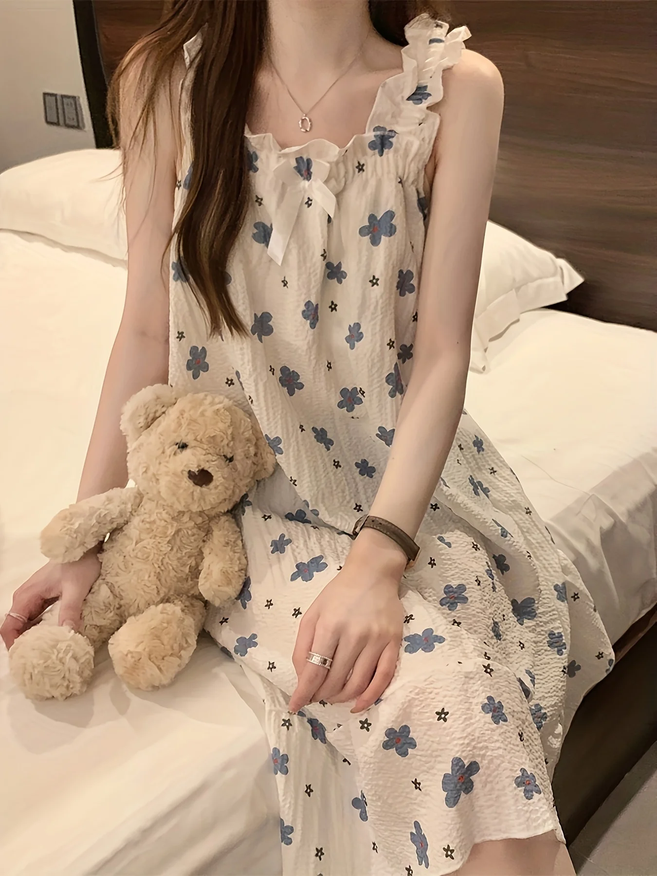 Female Sleeping Skirt Sleeveless Pyjama Sets for Women Medium-length Sleepwear Dress Sweet Cute Sling Pajamas Summer Homewear