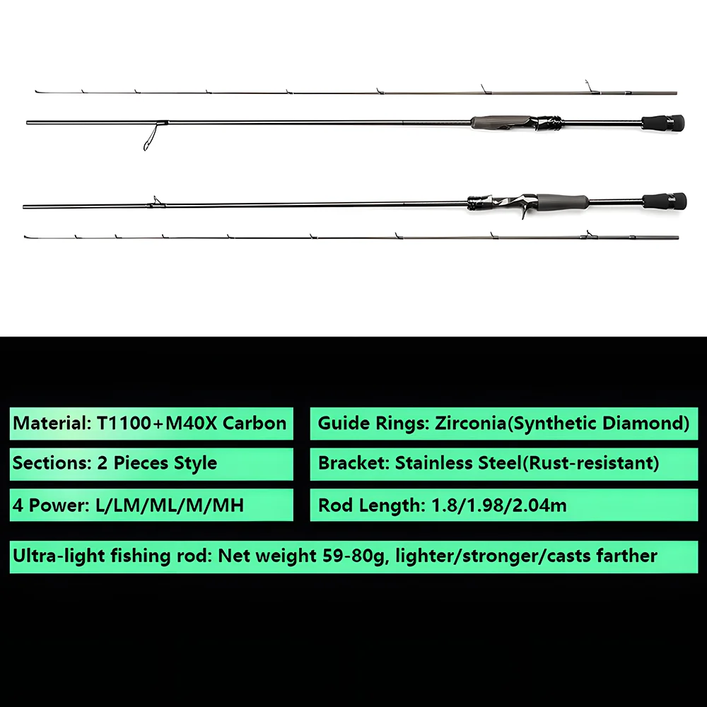 خفيفة للغاية T1100 ألياف الكربون إغراء الصيد رود ل سمك الشبوط باس سمك السلمون المرقط ، L ML M MH 1.8 متر 1.98 متر 2.04 متر قصبة صيد خشبية ، الغزل قضيب مسبوك