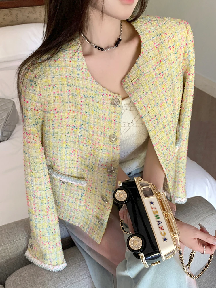 

FFmiss Yellow Woven Woolen ort Jaet Women Heavy Embroidery Single Button Thiened Cardigan Faionable Spring Outfit