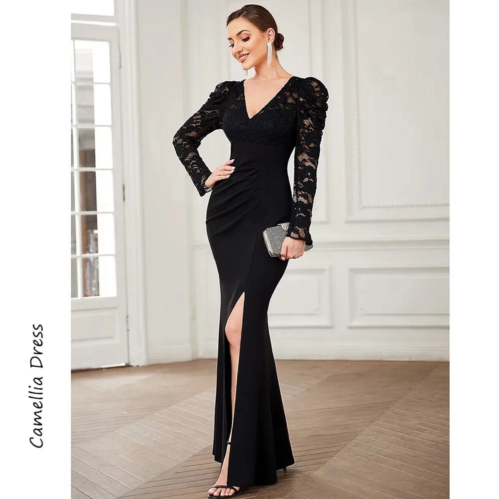 Vintage A Line Evening Dresses Simple Long Sleeve Party Dresses V Neck Lace Formal Dresses Vestidos De Fiesta فساتين السهرة