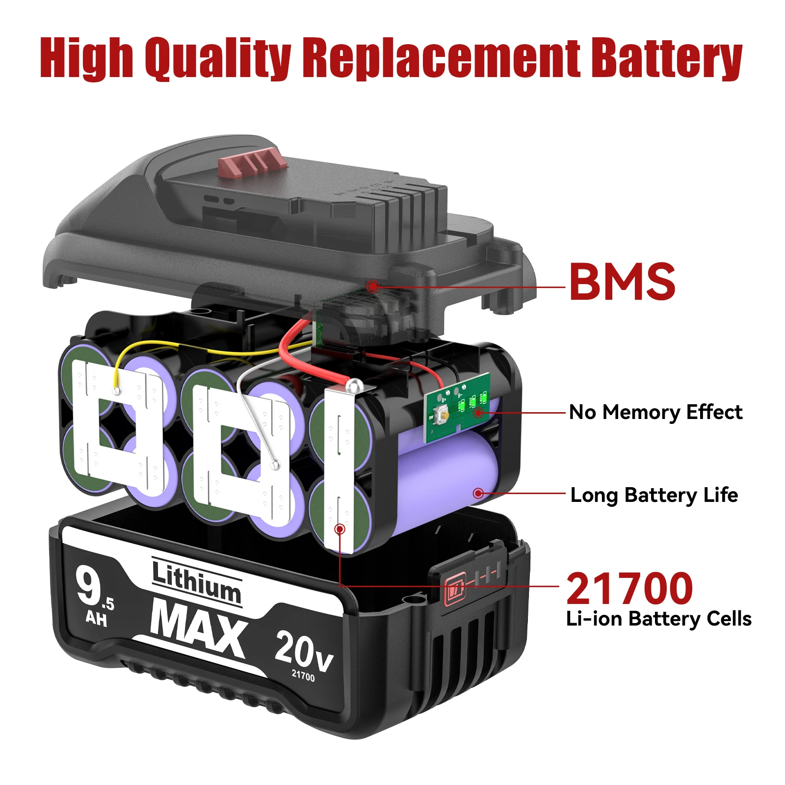 21700 Cells For Dewalt DCB200 Battery 20V 9500mAh Replacement Li-ion Battery DCB609 DCB206 DCB209 DCB205 Power Tool Battery