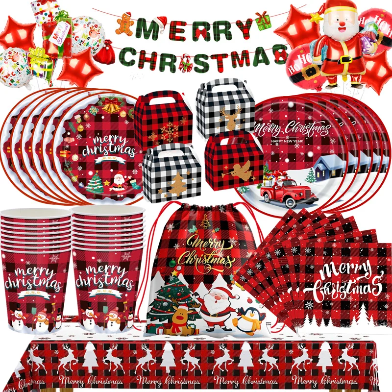 Juego de vajilla desechable para fiesta temática de Feliz Navidad, platos de papel, servilletas, vasos, mantel, decoración navideña para el hogar, Año Nuevo, 2024