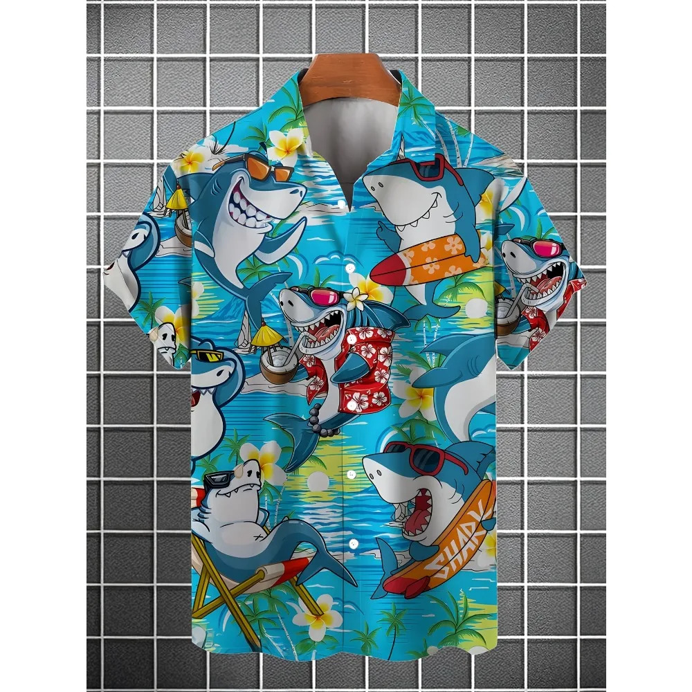 Men Hawaiian Shirt Cartoon Shark Surfing Beach Vacation Print Short Sleeve Button Down Lapel Casual Holiday Beach Shirt