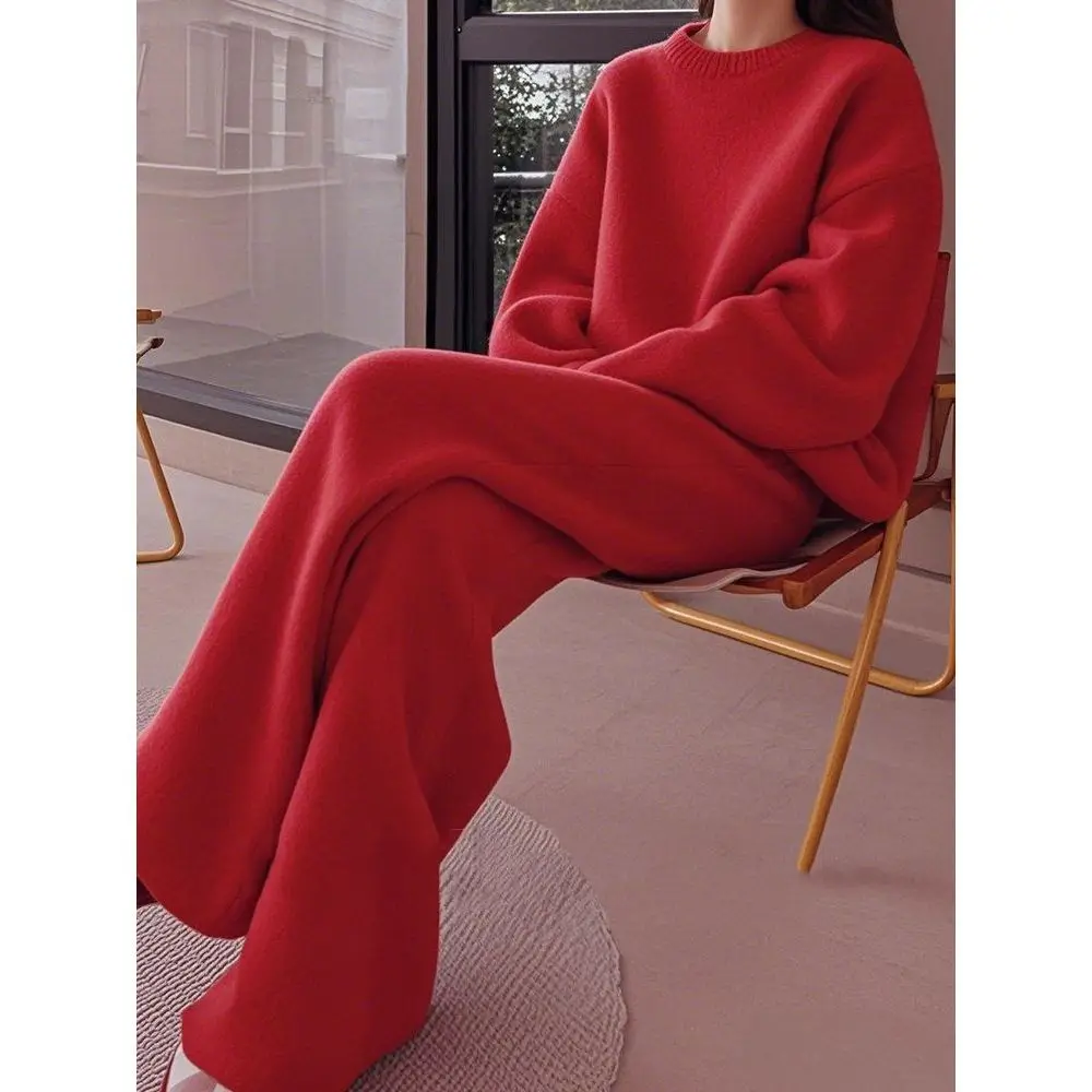 2025 Otoño Invierno nueva señora traje acogedor suéter de punto pantalones conjuntos 2 piezas mujeres elegante suéter de cuello alto pantalones de pierna ancha