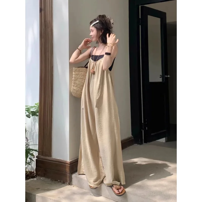 

Минималистичный стильный комбинезон на подтяжках, женский летний новый свободный повседневный комбинезон в ленивом стиле, широкие брюки на подтяжках большого размера