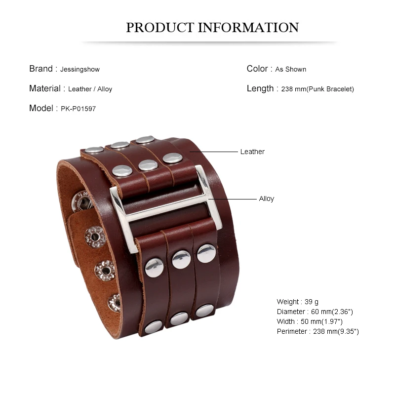 Men's Punk Style Vintage Multi-Layer Rivet Cowhide Bracelet Wide Leather Bangle Fashion Accessory