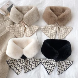 Winter Warm Soft Fluffy Faux Fur Collar Small Neckerchief Narrow Adult Girls Plaid Knitted Scarf