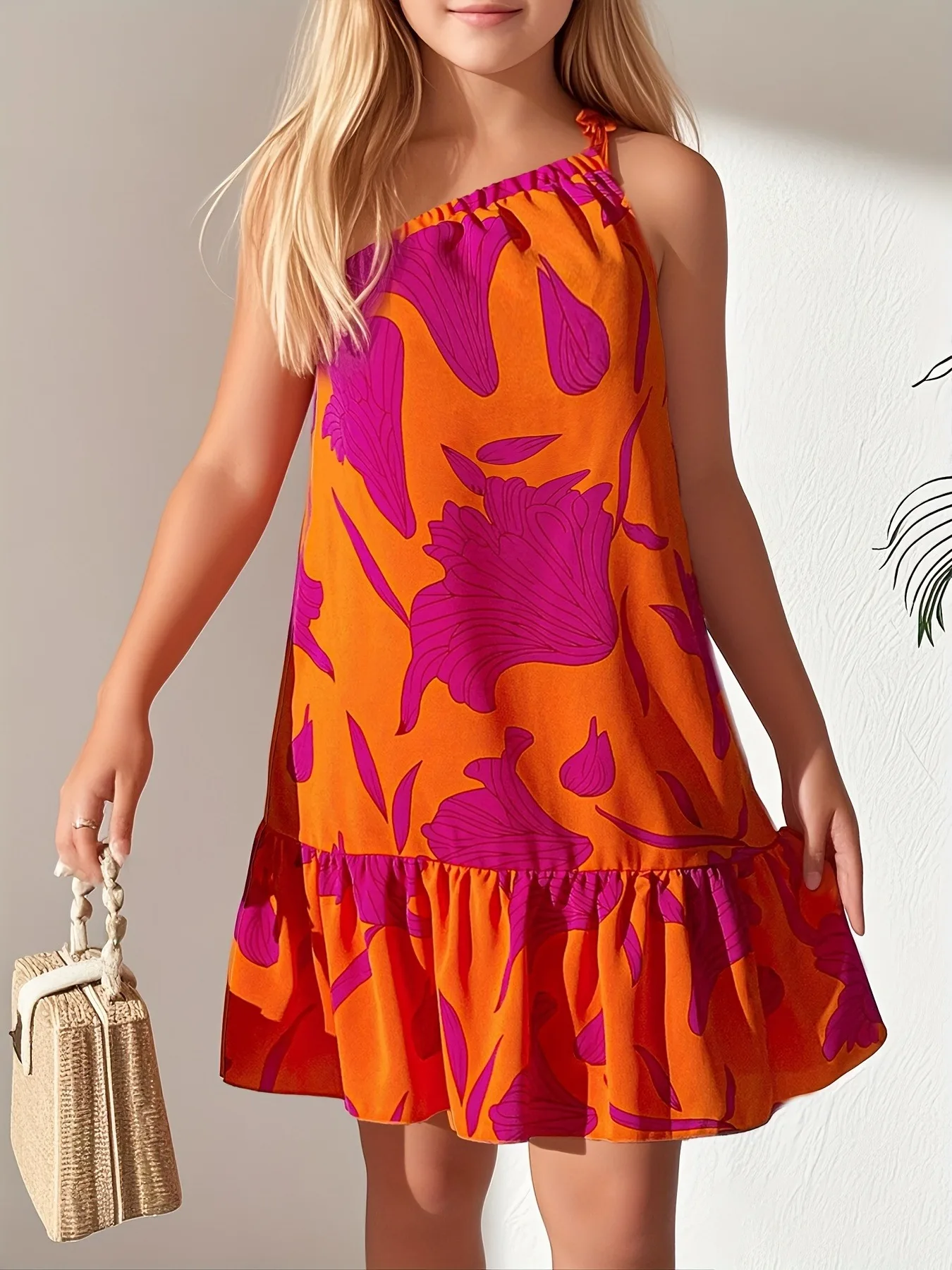 Trendiges Mädchen-Kleid mit One-Shoulder-Design und Tropenmuster, kurzes Kleid für Kinder, Sommer, Strandurlaub, Poolparty, Urlaub, lässiges, stilvolles Outfit – Detail 3