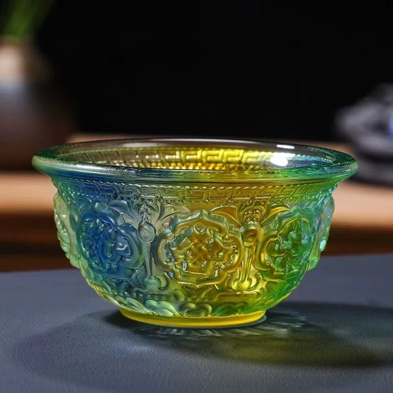7Pcs Buddhism Altars Liuli Bowl,Colorful Engraving  Auspicious Exquisite Texture Cup,Tibetan Handicraft Holy Bowl Buddhist Item