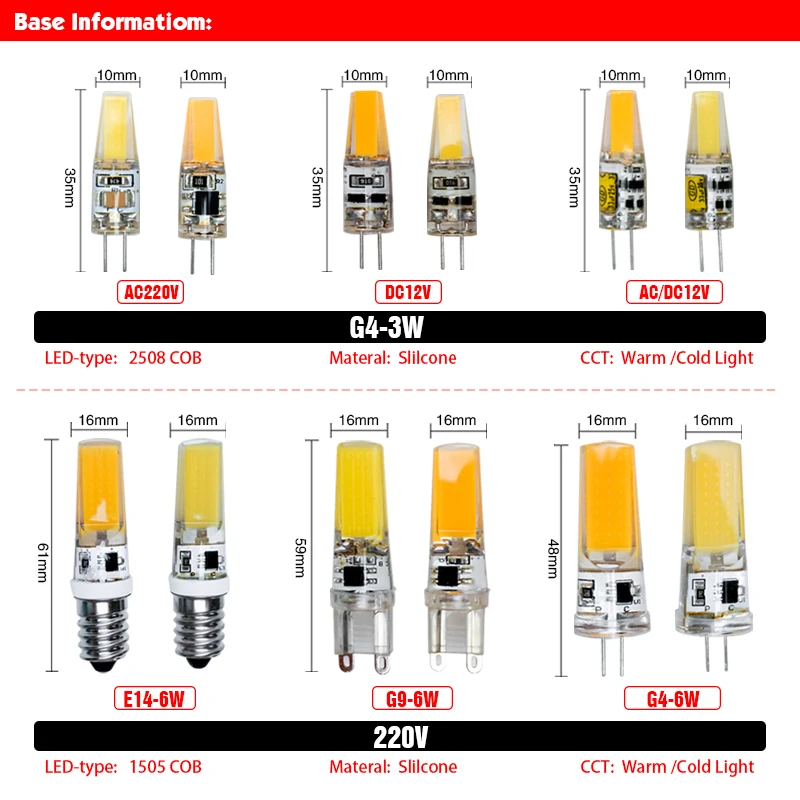 E14 LED Bulb G4 AC DC12V 220V 3W 6W G9 COB Light Lampada Replace Halogen 30W 60W Ultra Bright Chandelier Lamps Cold Warm White