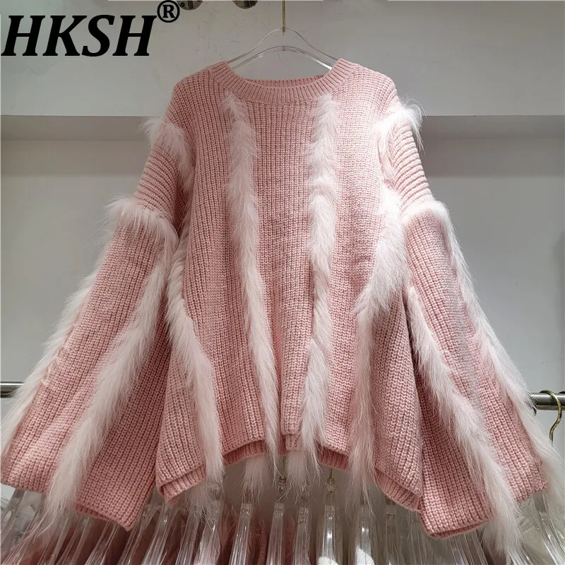 

HKSH Autumn Winter New Women's Sweater O-neck Pullover Knitted Patchwork Faux Fur Luxury Socialite Fashion High-end Tops HK15048