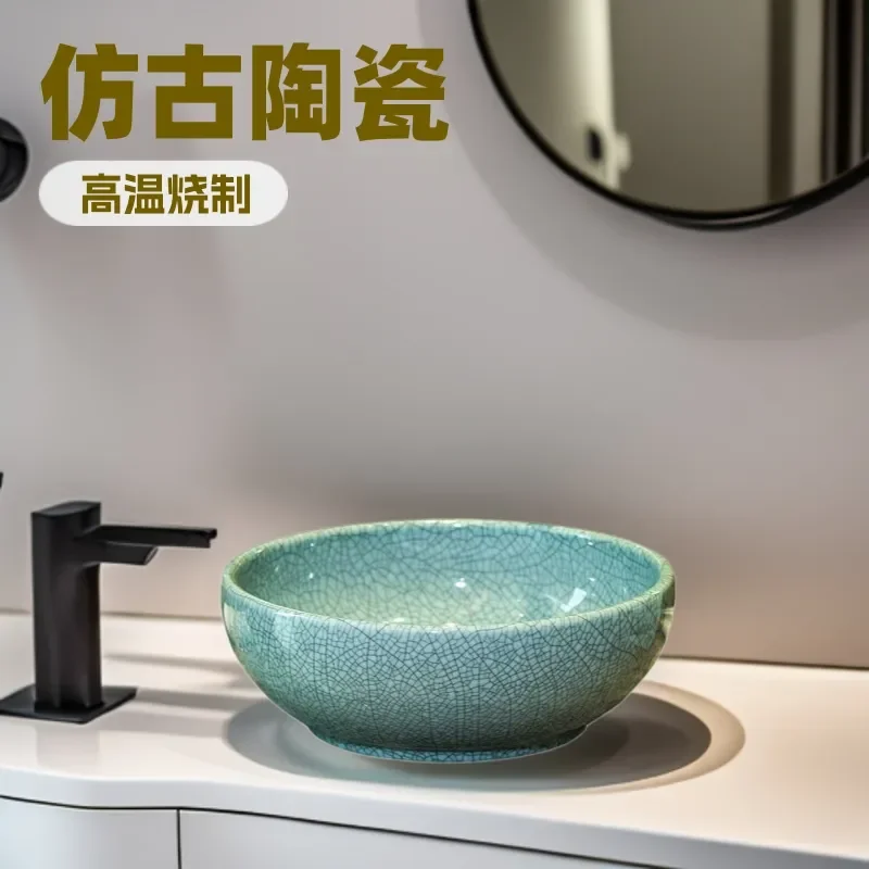 for Antique Wash Basin Top Mount Retro Ceramic Sink Round Ice Crack Glaze Bathroom Art Basin for Home Use