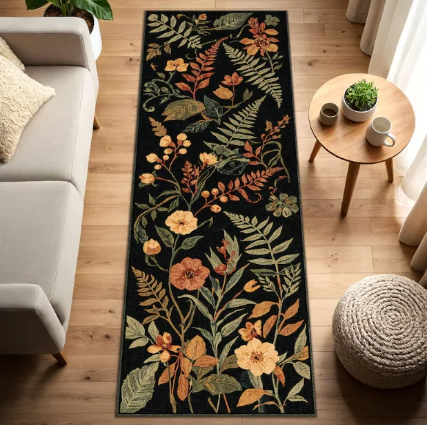 سجادة عداء ذهبية باروكية سجادة سوداء أنيقة فاخرة بنمط زهور كلاسيكية للمدخل وغرفة النوم ديكور المنزل #2