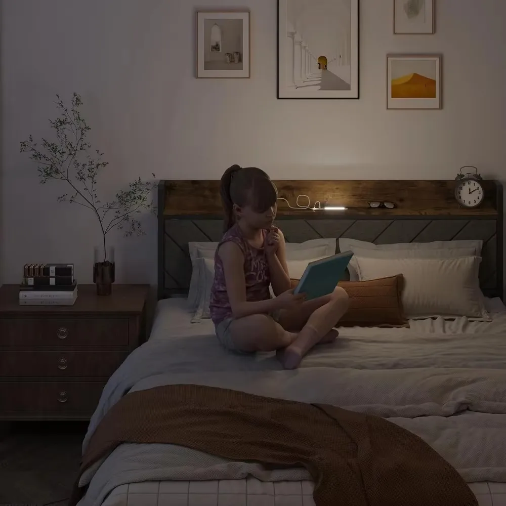 Bed Frame with Storage Headboard, Platform Bed with Drawers and Charging Station, No Box Spring Needed, Easy Assembly.