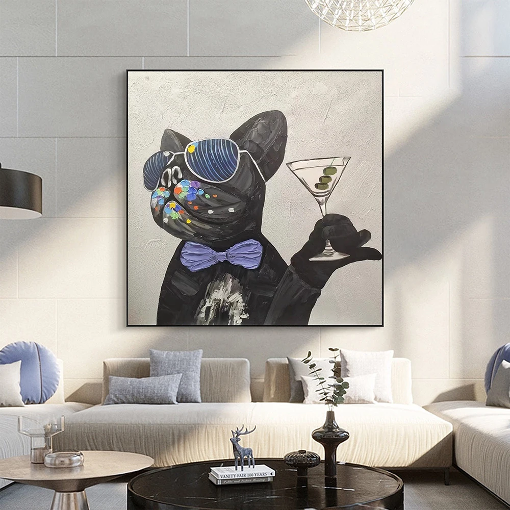 Handmade Oil Painting Abstract French Bulldog Oil Painting on Canvas Original Funny Pet Painting Wall Art Decorative Painting