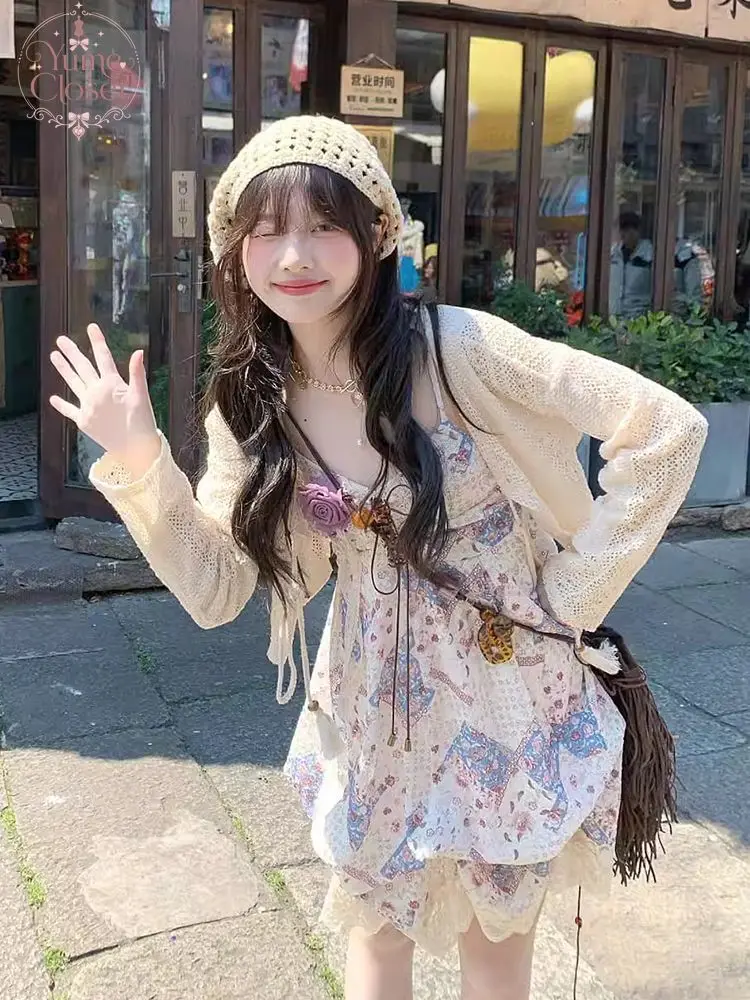 Conjunto de vestido de verano estilo vintage para mujer, con detalles de encaje floral, lazo de rosas, bajo con volantes, cárdigan corto, vestido mini ajustado, ideal para el día a día.