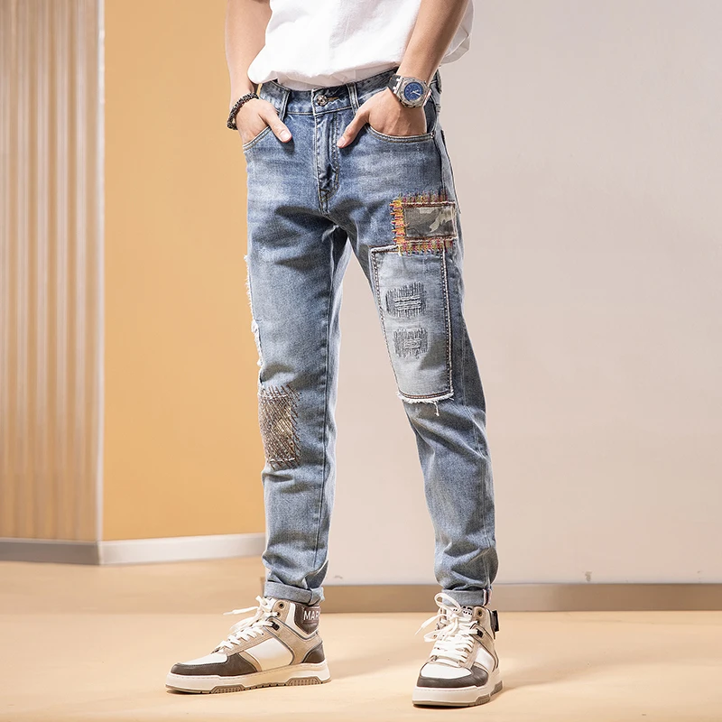 High Street celana Jeans pria Retro biru muda melar Skinny Fit robek Jeans Pria tambalan desainer Hip Hop celana Denim Hombre