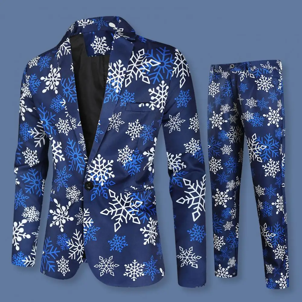 Men Slim Fit Suit Men New Year Suit Cartoon Santa Snowflake Print Plaid Pattern Men\'s Party Suit Set with Color Matching Lapel