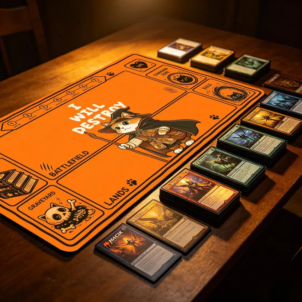 Funny Wizard Orange Cat Large Gaming Desk Mat MTG Zoned Battlefield Premium Non Slip Rubber TCG Playmat Gift for Card Game Fans