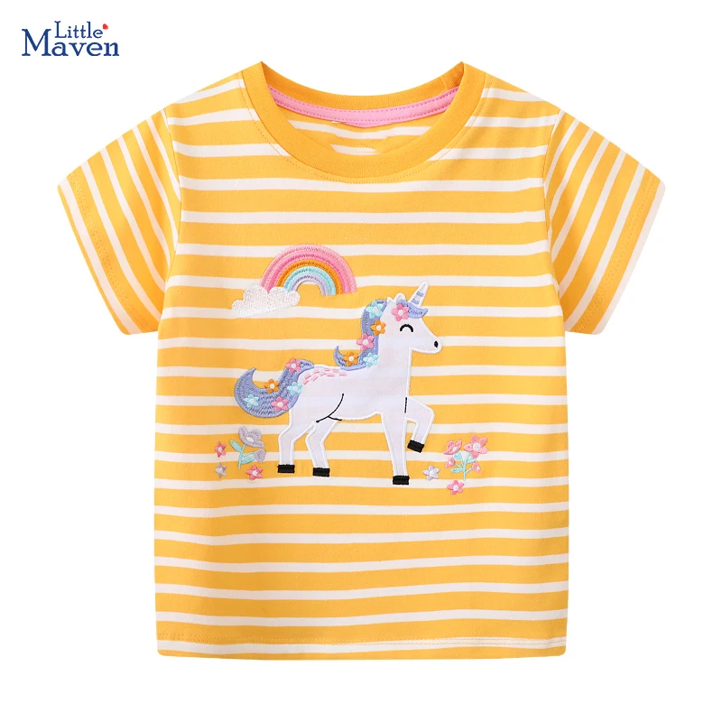 Little maven 2024 Summer Kids Clothes for Baby Girls T Shirts Cartoon Rainbow Unicorn Children\'s Clothing Cotton Tops Tees