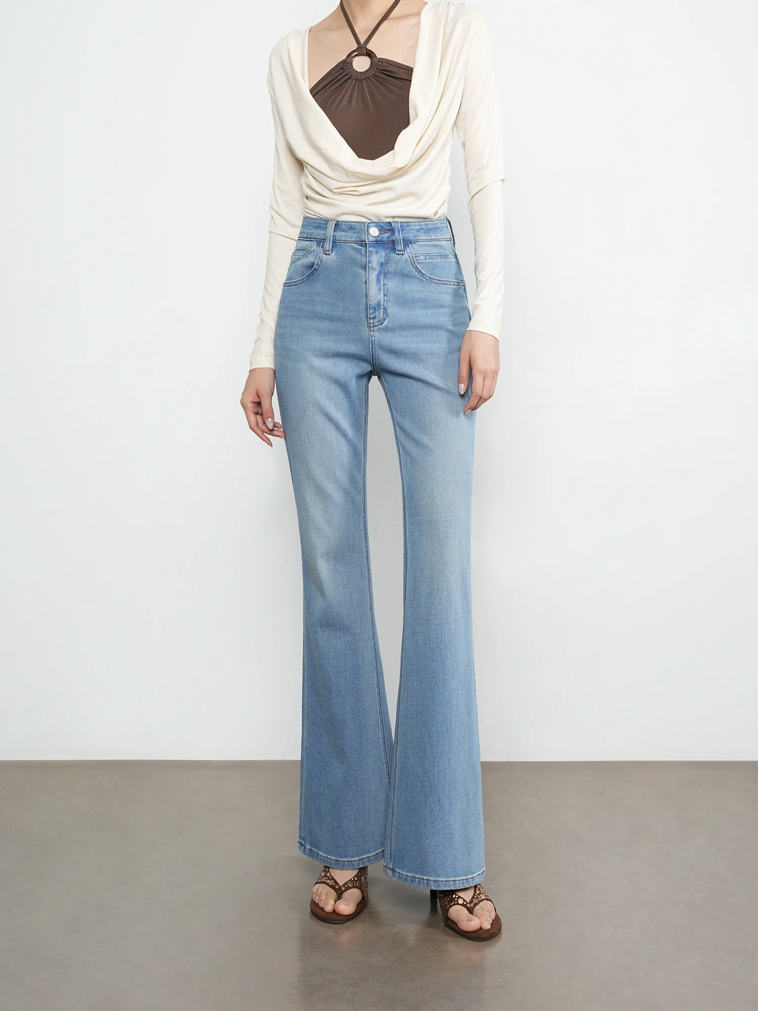 

High Waist Bell Bottom Jeans Women's Slim Fit Casual Cotton Stretchy Blue Denim Pants Floor Length Button Fly Daily Wear