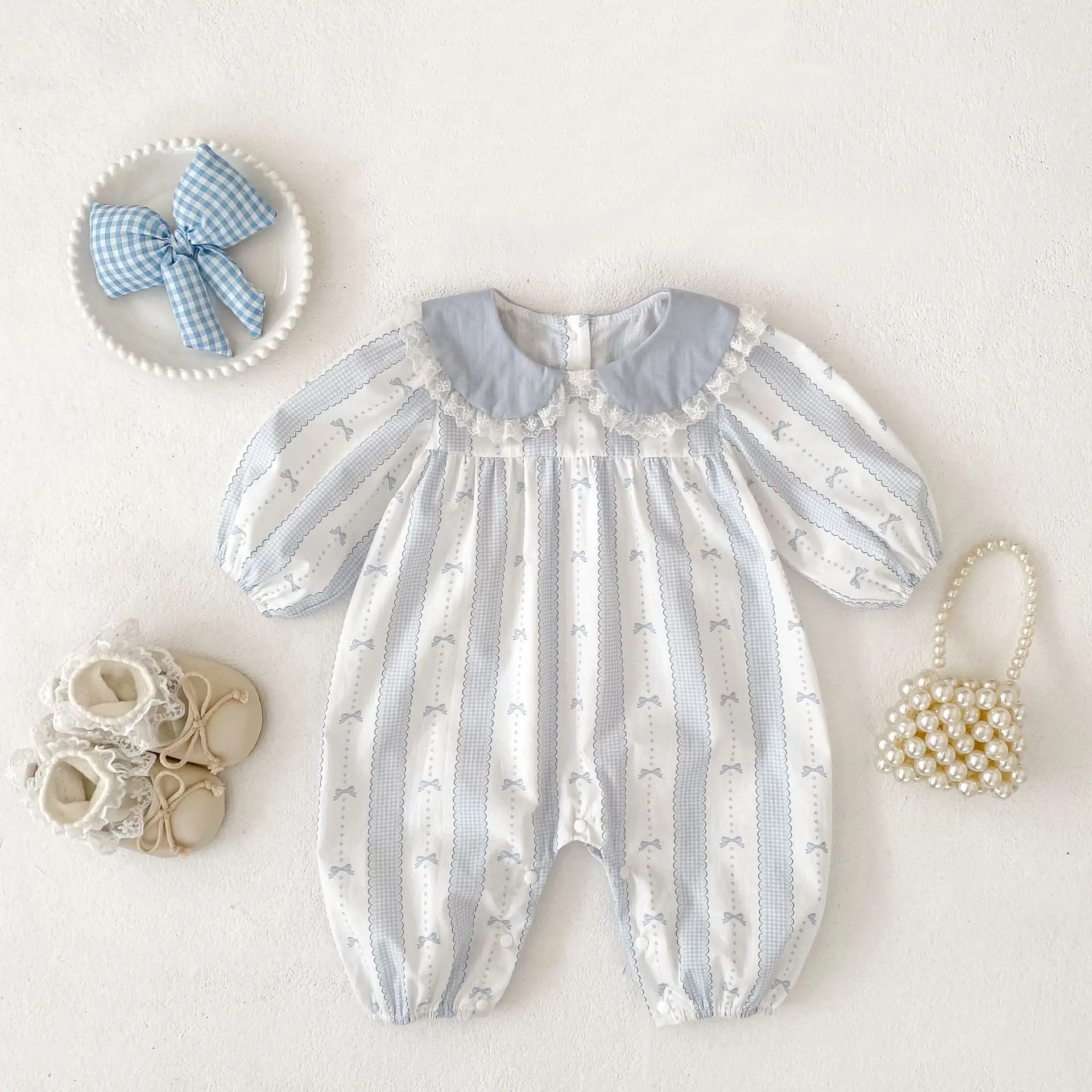 2026 New Fall Baby Girls Bowknot Romper | Lace Lapel Collar Long Sleeve Bodysuit | Cute Chic Outfit
