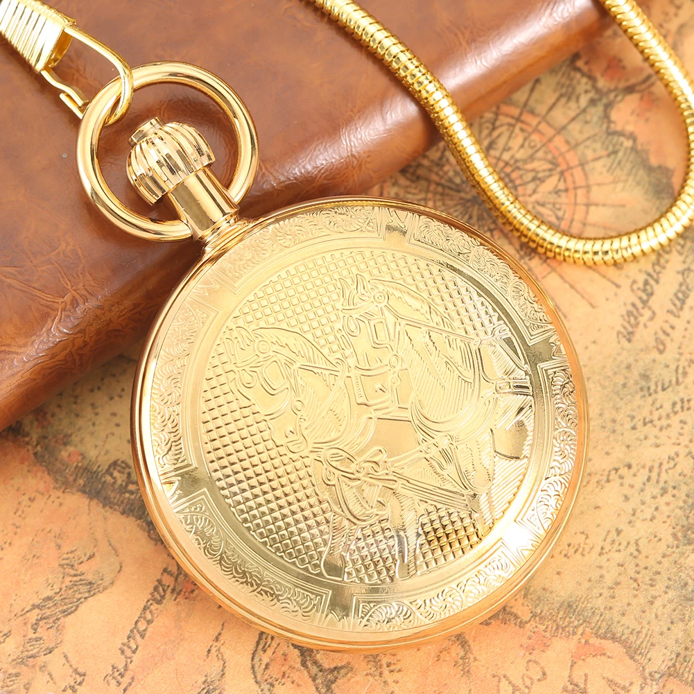 

Luxurious Automatic Mechanical Pocket Watch Golden Flip Cover Carved Flower Design Arabic Numerals Dial Pocket Watches Men Women