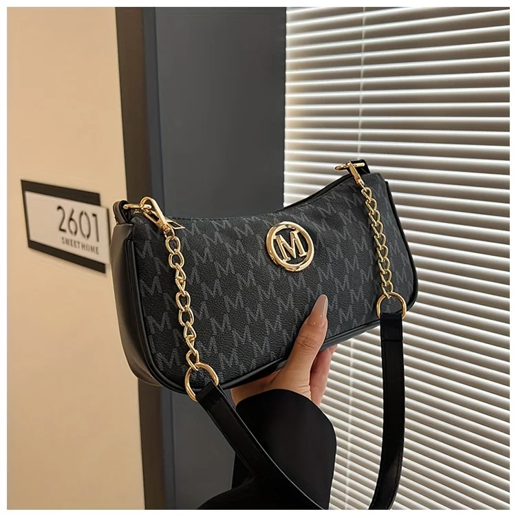Vintage-Unterarmtasche für Teenager, Briefdruck, Umhängetasche, kleine quadratische Tasche mit Kette, Schulterhandtasche, verstellbarer Umhängetaschengurt – Detail 9