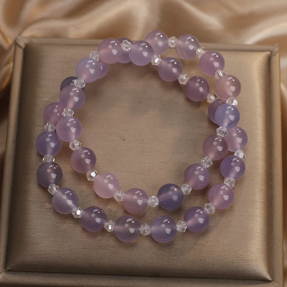 Natural Pink Purple Agate Double Loop Bracelet for Wome Girls Bangle Chain Jewelry for Birthday Wedding Party