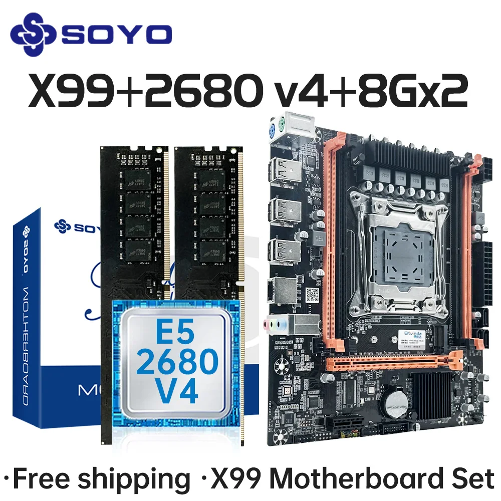 SOYO Gaming X99 Motherboard Kit with Intel Xeon E5 2680 V4 CPU& DDR4 8Gx2 2133MHz RAM M.2 NVME Desktop PC Computer Components